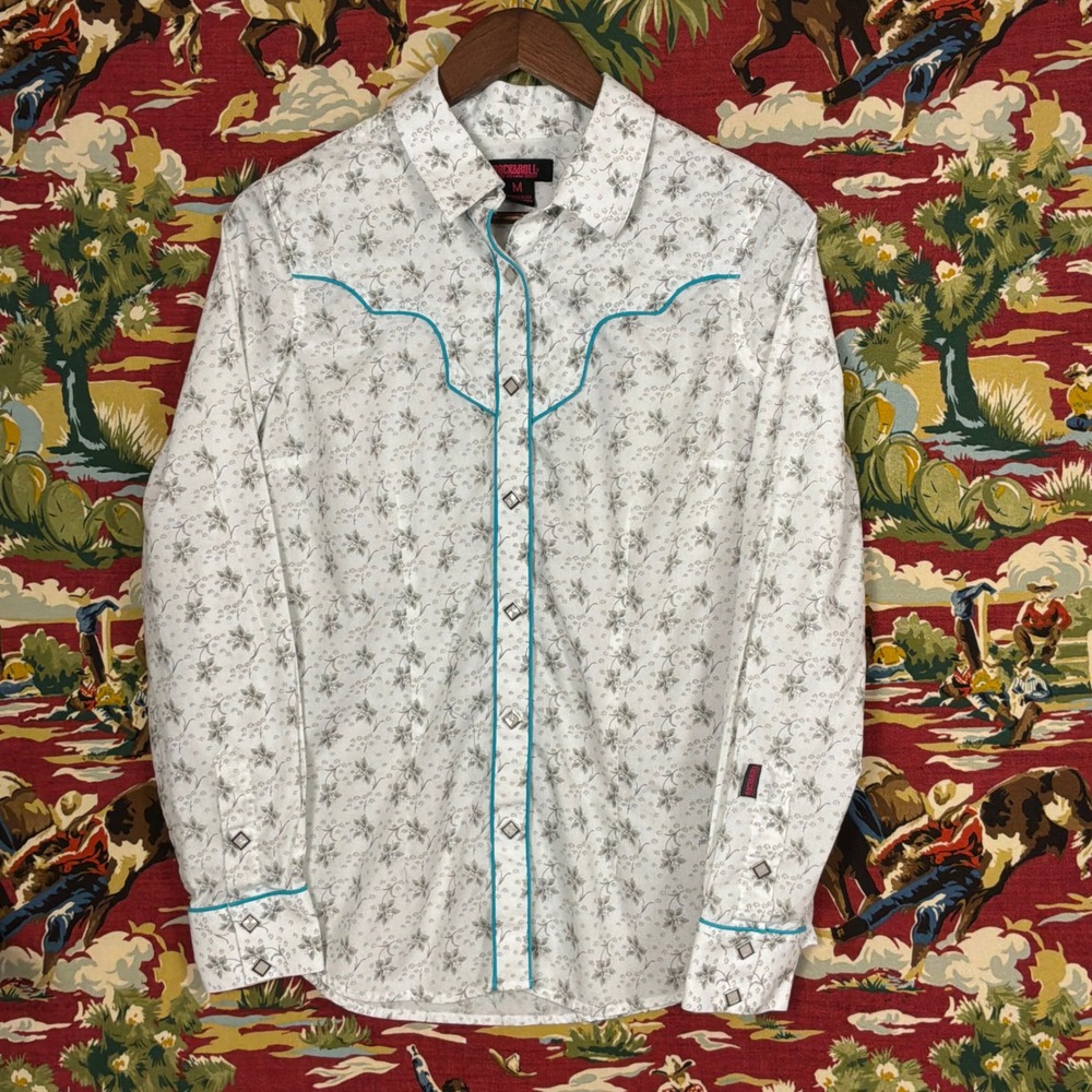 Rock & Roll Denim Western Shirt Womens Medium White Excellent Floral Pearl Snap